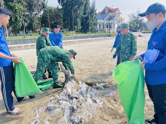 Thanh niên cùng chiến sĩ biên phòng dọn rác trên biển Trà Cổ ảnh 9