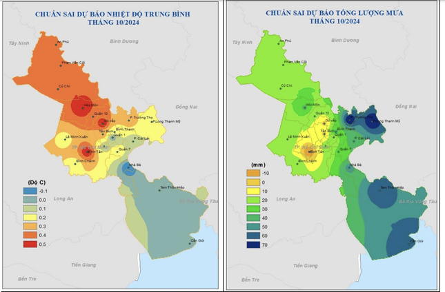 Bản đồ dự báo chuẩn sai nhiệt độ trung bình (bên trái) và lượng mưa (bên phải) tại TPHCM trong tháng 10/2024. Nguồn: Đài Khí tượng Thủy văn khu vực Nam bộ.