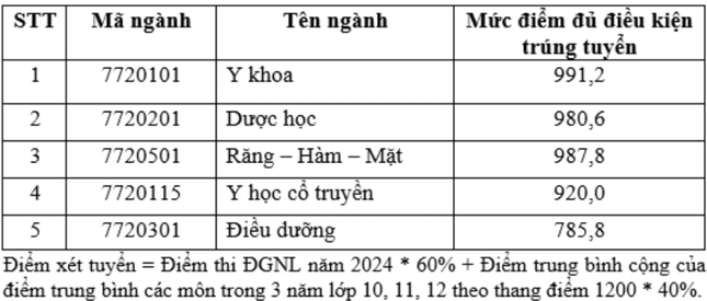 Điểm chuẩn trúng tuyển theo phương thức kết hợp kết quả thi đánh giá năng lực 2024 và kết quả học tập THPT.