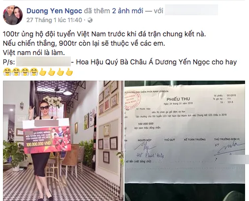 Dương Yến Ngọc chuyển tiền tặng U23 Việt Nam