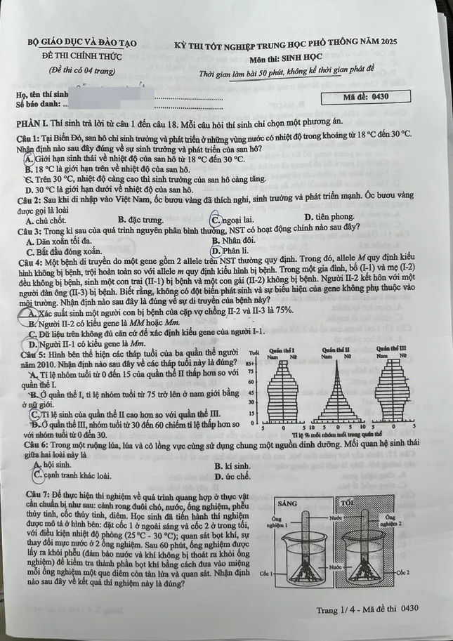 Đề thi môn Sinh học, cập nhật giải đề và đáp án nhanh nhất ảnh 1