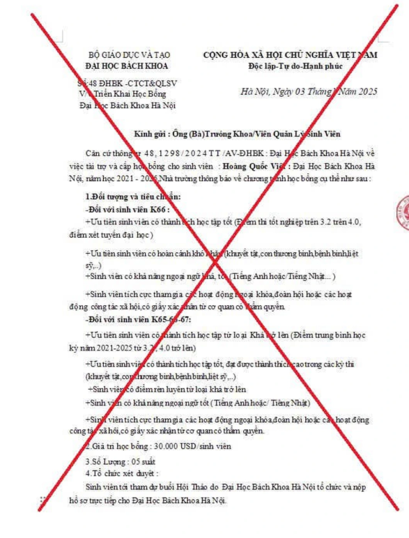 Giả mạo con dấu và chữ ký lãnh đạo Bộ GD&ĐT lừa đảo học bổng Đại học Bách khoa ảnh 1
