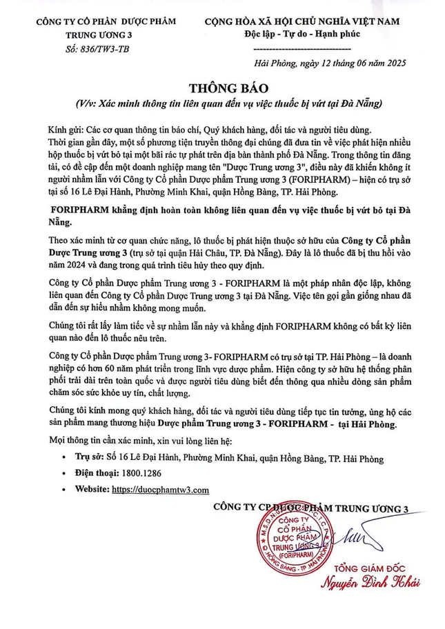 Công ty CP Dược phẩm Trung ương 3 khẳng định không liên quan đến việc thuốc bị vứt ra bãi rác tại Đà Nẵng ảnh 3