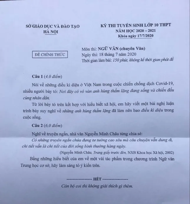 Thi lớp 10 chuyên Hà Nội: Đề Văn bàn về “những anh hùng thầm lặng”, đề Toán khó nhằn ảnh 1