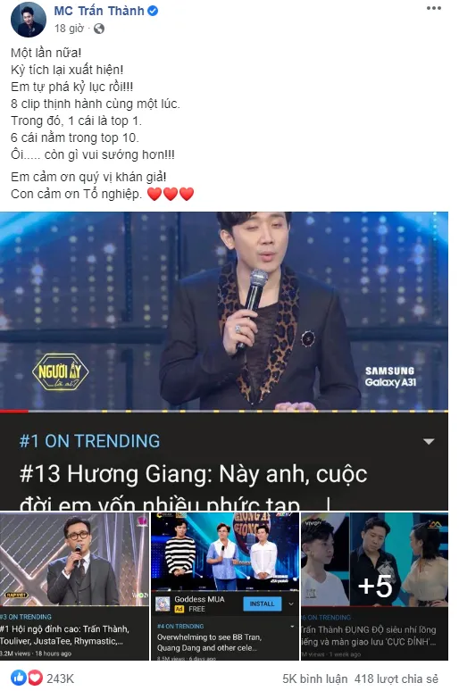 Trấn Thành “phá đảo” Top Trending YouTube, nhạc sĩ Nguyễn Hồng Thuận phải lên tiếng ảnh 1
