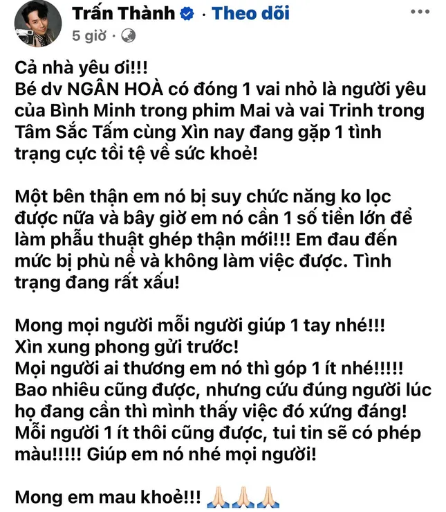 Nữ diễn viên "Mai" suy thận mạn giai đoạn cuối, Trấn Thành kêu gọi giúp đỡ ảnh 5