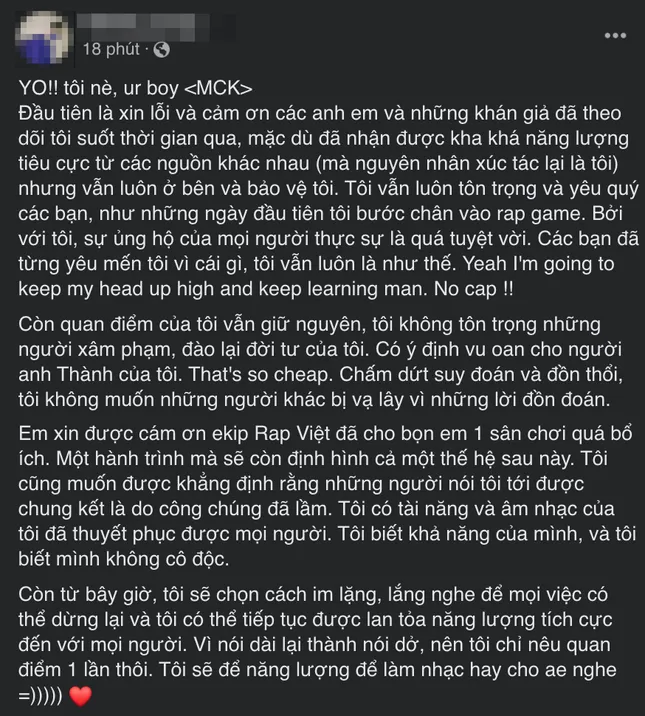 Rap Việt: MCK bất ngờ “hạ giọng” đăng tải tâm thư sau loạt phát ngôn gắt ảnh 2