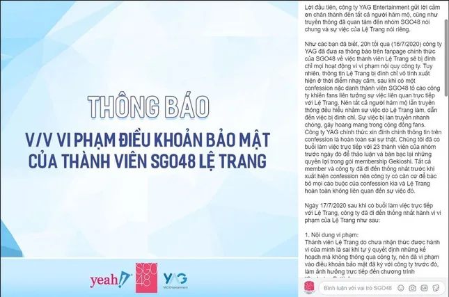 Công ty quản lý SGO48 chính thức phản hồi về việc Lệ Trang bị đình chỉ hoạt động ảnh 2