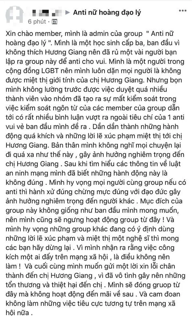 Admin nhóm anti-fan Hương Giang đang là học sinh trung học, đã gửi lời xin lỗi nàng Hậu ảnh 3