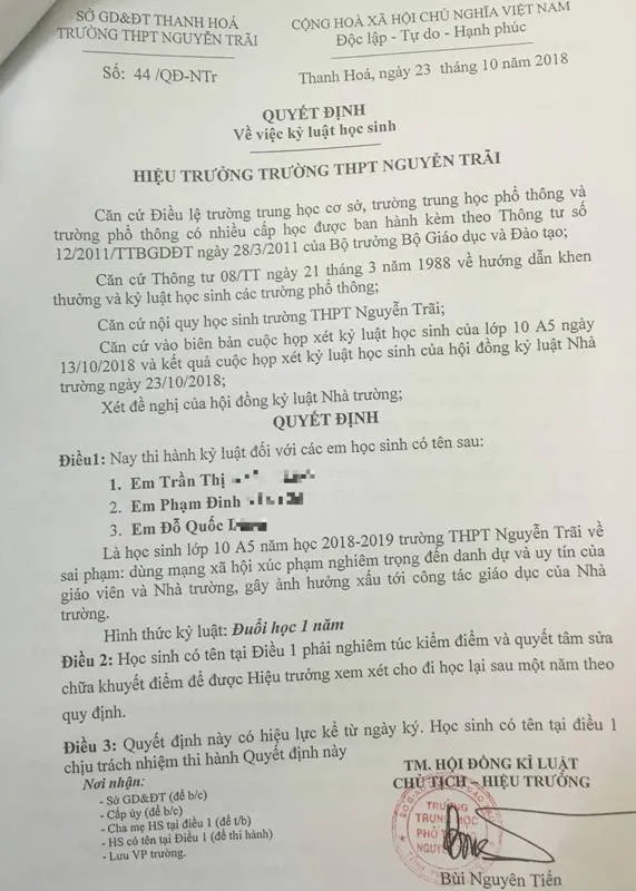 Vụ 7 học sinh bị đuổi học vì xúc phạm thầy cô trên facebook: Thu hồi các quyết định kỷ luật ảnh 1