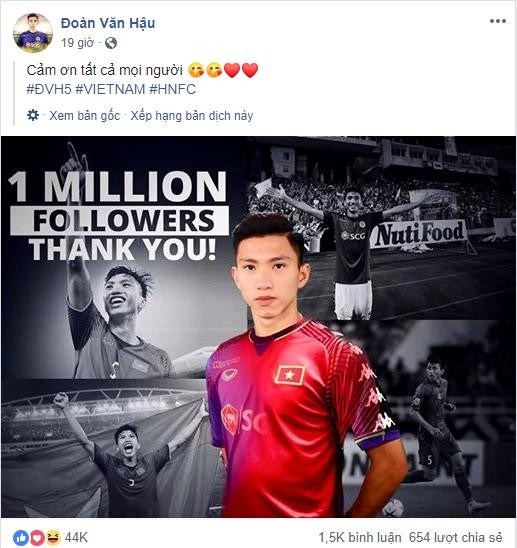 Đoàn Văn Hậu chính thức bước vào "câu lạc bộ triệu like" của dàn sao ĐT Việt Nam ảnh 1