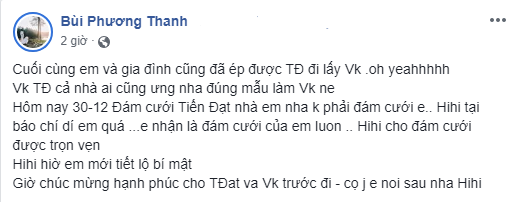 Sau khi "tung hỏa mù", Phương Thanh hé lộ hình ảnh hiêm hoi trong đám cưới của Tiến Đạt ảnh 1