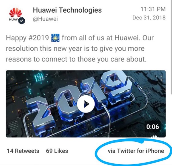 Huawei đăng tweet chúc mừng năm mới bằng iPhone ảnh 1