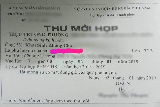 Choáng váng thư mời ông/bà “Khai sinh không cha” đến họp phụ huynh ảnh 1