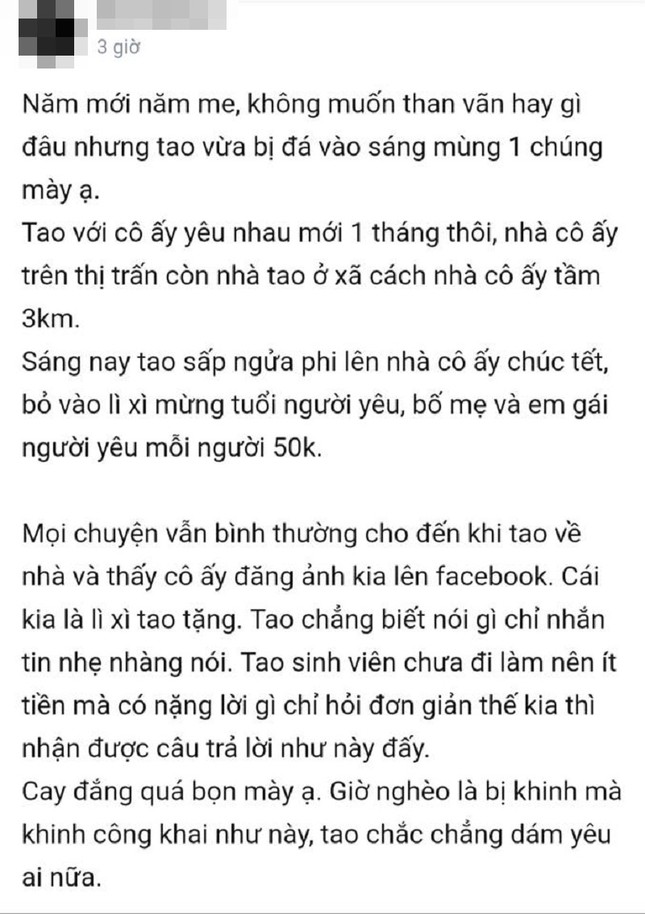 Lì xì bạn gái 50K, chàng trai bị “đá” ngay mùng 1 Tết vì "nghèo là lỗi của anh" ảnh 2