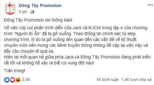 Đại diện chương trình "Người bí ẩn" lên tiếng trước ồn ào Jack yêu cầu xóa clip phần trình diễn ảnh 3