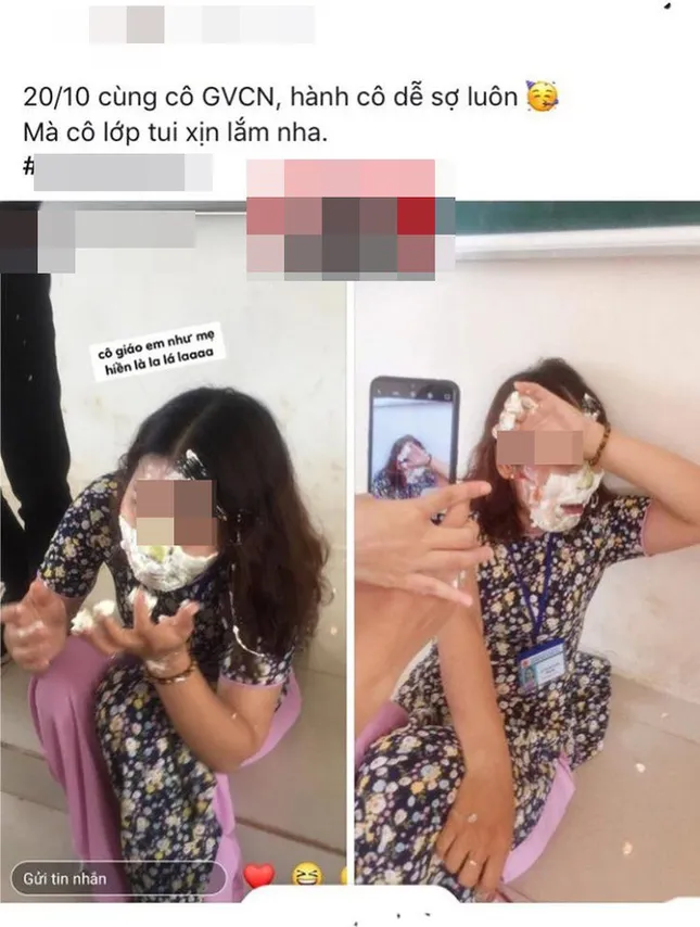 Học sinh trét bánh kem đầy mặt cô giáo chủ nhiệm để chúc mừng dịp 20/10 bị chỉ trích nặng nề ảnh 1