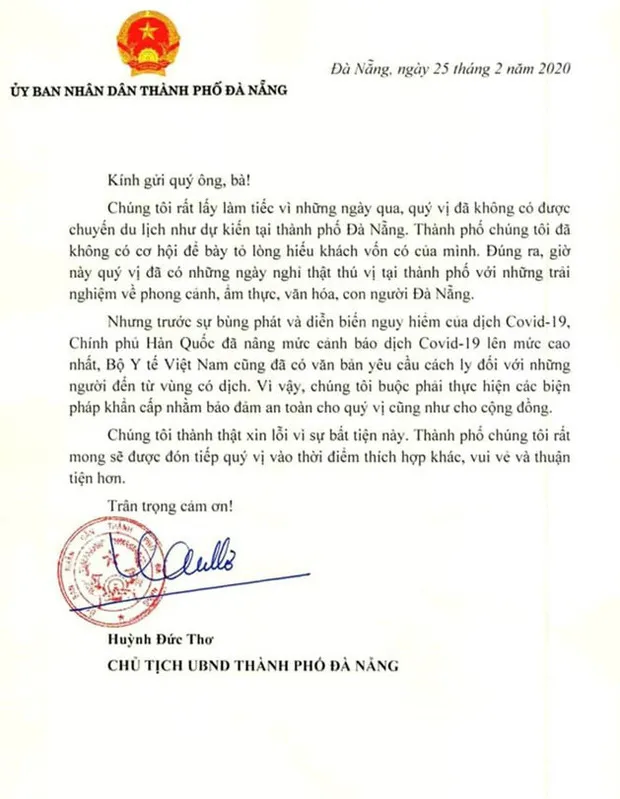 Chủ tịch TP. Đà Nẵng gửi thư tới nhóm du khách Hàn Quốc: "Mong được đón tiếp ở thời điểm khác" ảnh 2