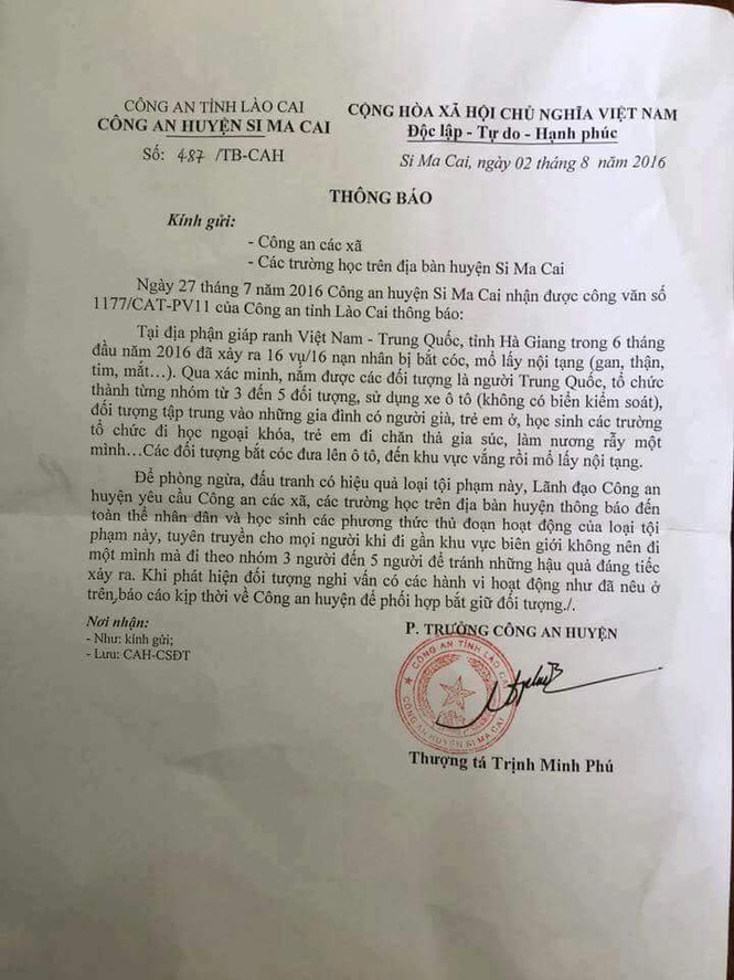 Thu hồi toàn bộ văn bản cảnh báo “bắt cóc lấy nội tạng” - ảnh 1