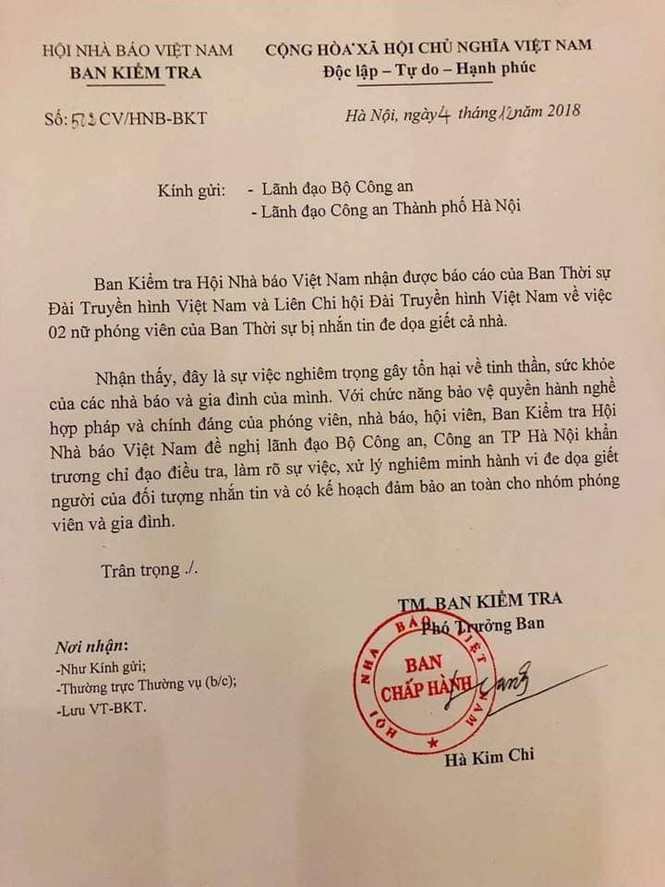 Hội Nhà báo đề nghị xử lý nghiêm việc dọa giết nữ phóng viên điều tra - ảnh 1