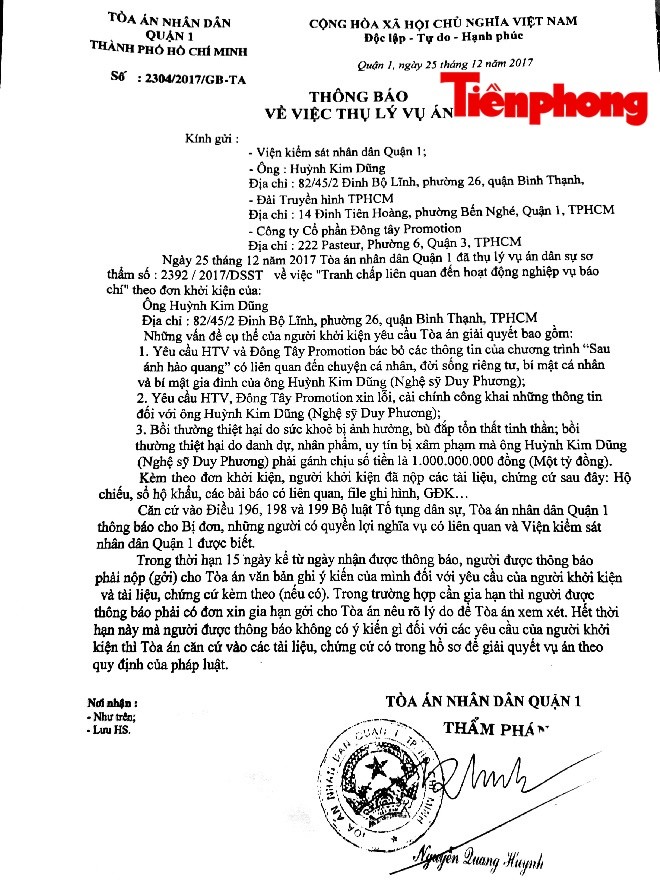 Nghệ sĩ Duy Phương kiện yêu cầu ‘Sau ánh hào quang’ đền 1 tỷ đồng - ảnh 1