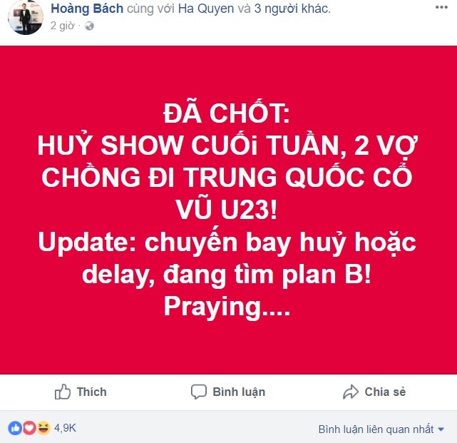 Đàm Vĩnh Hưng, Hoàng Bách hủy sô cổ vũ bóng đá U23 Việt Nam - ảnh 3