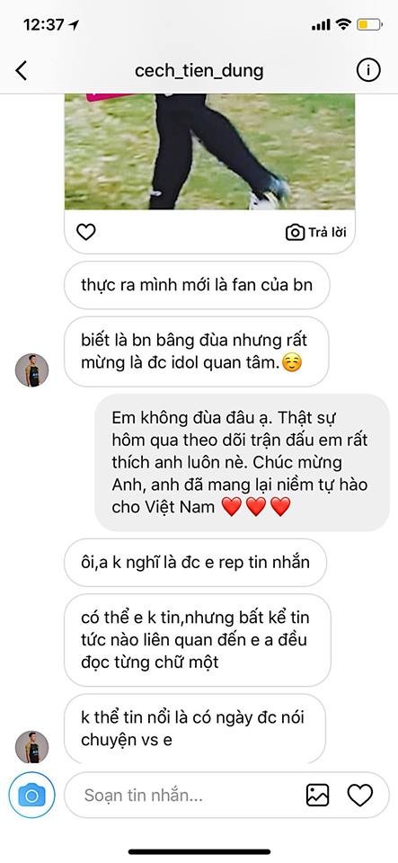 Tin nhắn giữa thủ môn Bùi Tiến Dũng và Angela Phương Trinh - ảnh 1