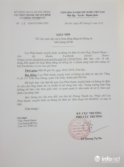 Bộ Thông tin truyền thông mời Daniel Hauer lên làm việc - ảnh 1