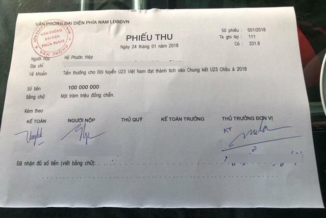 Biên lai chuyển tiền tặng thưởng U23 Việt Nam