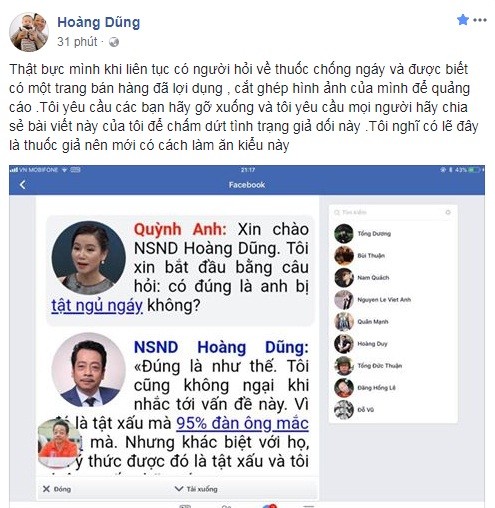 NSND Hoàng Dũng bức xúc vì bị mạo danh bán thuốc trị ngáy - ảnh 1