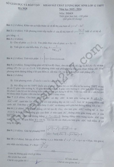 Đáp án Toán, Ngoại Ngữ thi thử THPT Quốc gia ở Hà Nội - ảnh 1