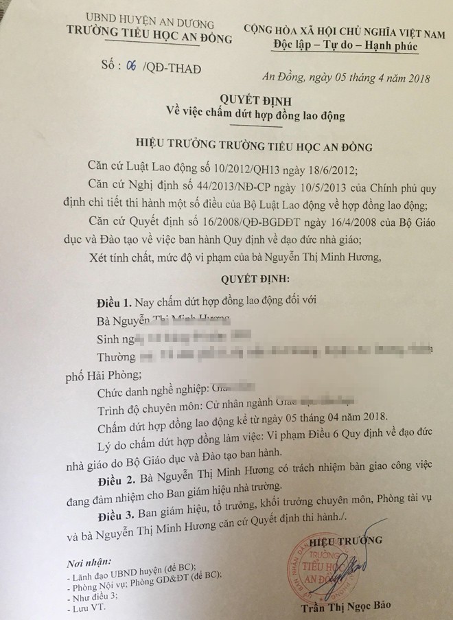 Chính thức cho thôi việc cô giáo ép học sinh uống nước giẻ lau - ảnh 1