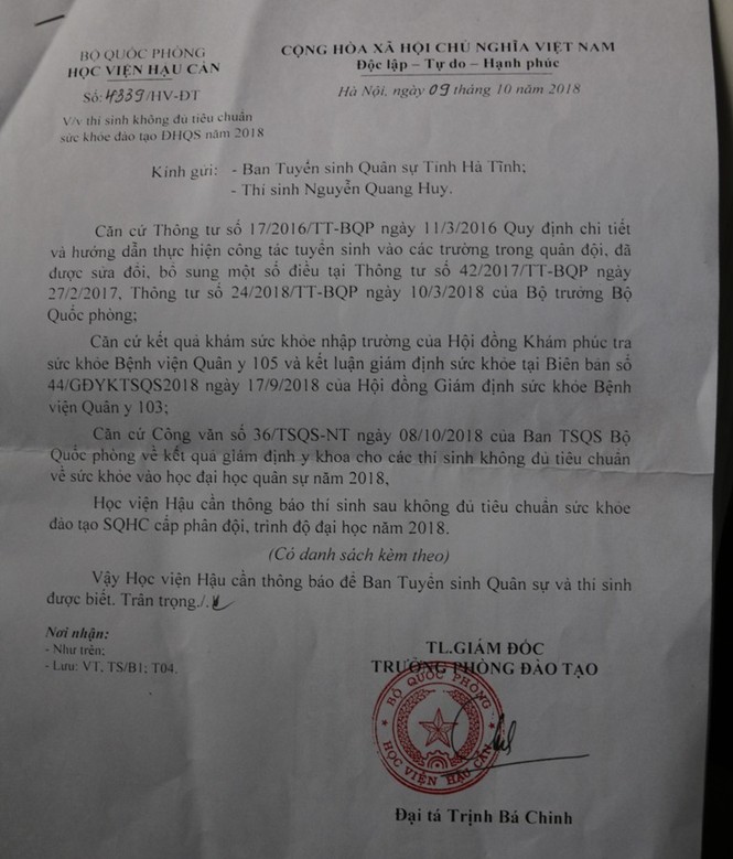 Tỉnh đội Hà Tĩnh lên tiếng vụ nam sinh bị Học viện Hậu cần trả về - ảnh 2