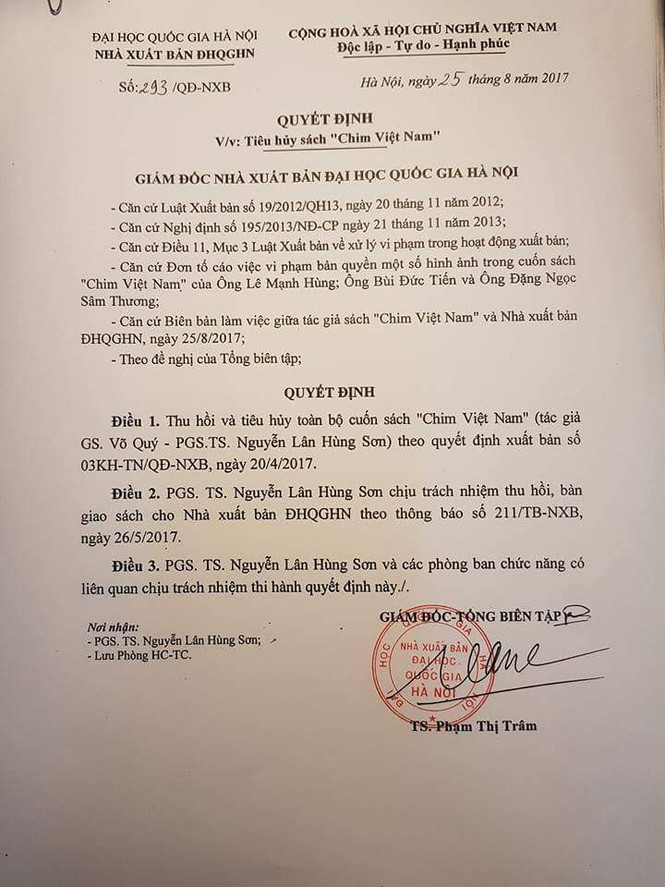 Thu hồi, tiêu hủy sách 'Chim Việt Nam' - ảnh 1