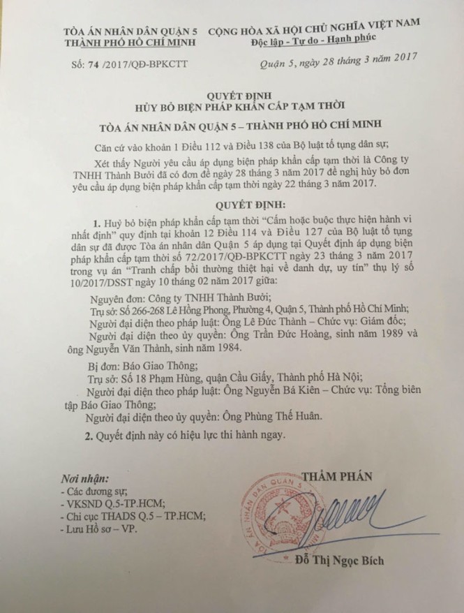 Hủy bỏ biện pháp khẩn cấp tạm thời với báo Giao thông - ảnh 1