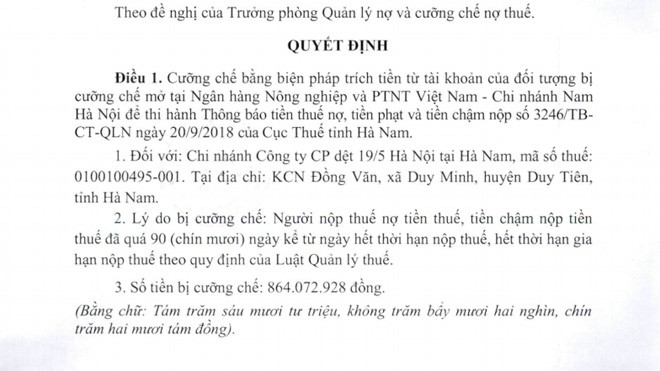 Cưỡng chế nợ thuế Công ty CP Dệt 19/5 Hà Nội - ảnh 1