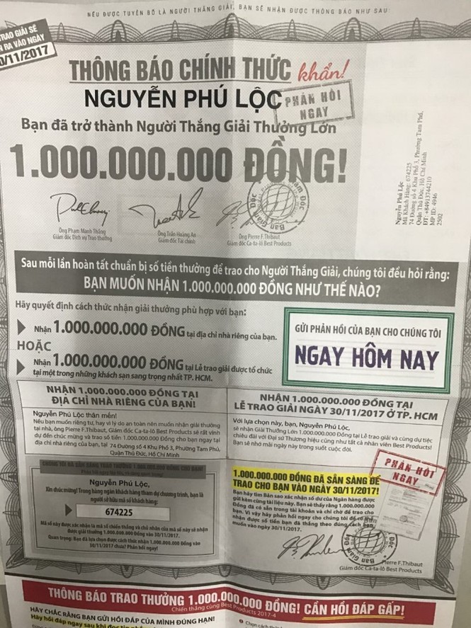 Dụ khách hàng bằng chiêu trò trúng thưởng tiền tỷ 'giả vờ' - ảnh 1