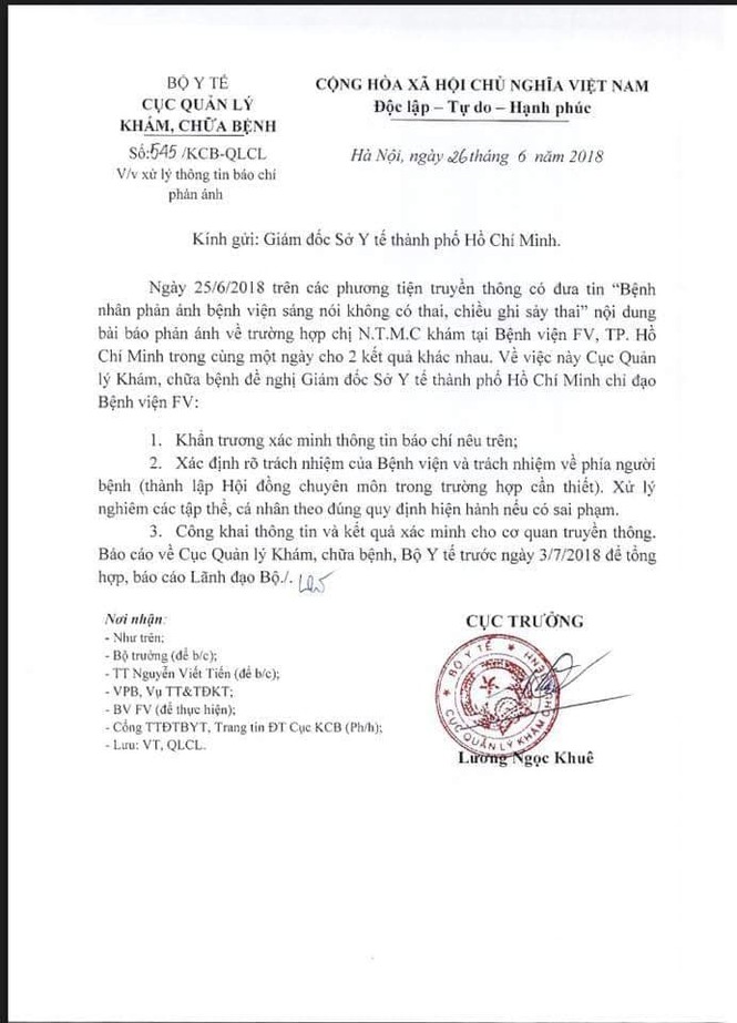 Cục Quản lý khám chữa bệnh yêu cầu báo cáo vụ lùm xùm tại bệnh viện FV - ảnh 1