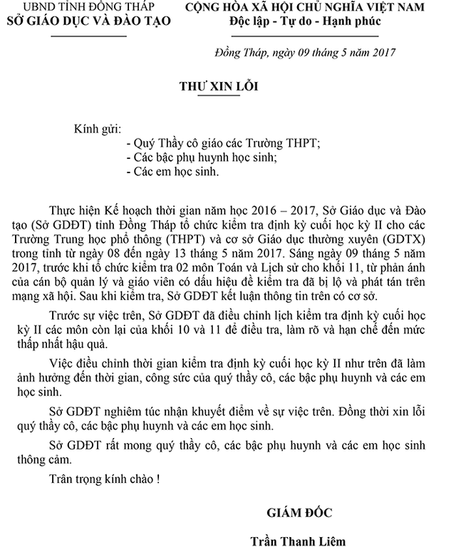 Vụ lộ đề thi ở Đồng Tháp: Giám đốc Sở gửi lời xin lỗi - ảnh 1