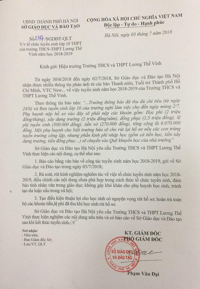 Trường Lương Thế Vinh bị 'tuýt còi' về tuyển sinh lớp 10 - ảnh 1