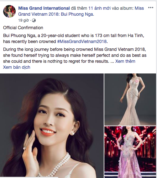 Á hậu Phương Nga gây chú ý khi xuất hiện trên fanpage Miss Grand 2018 - ảnh 1