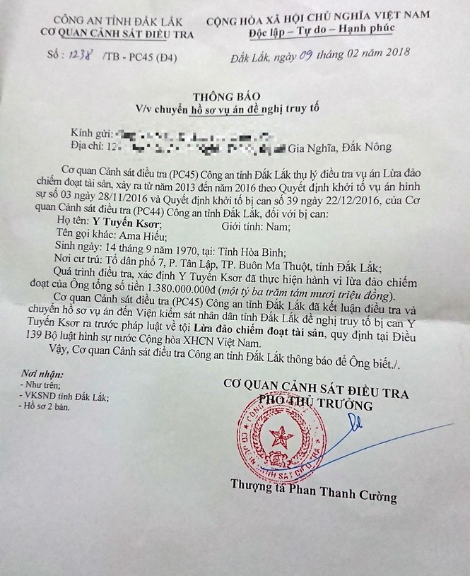 Thông báo đến bị hại về việc chuyển hồ sơ truy tố của 1 bị hại ở tỉnh Đắk Nông
