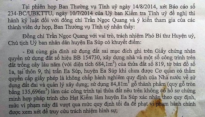 Quyết định thi hành kỷ luật của Tỉnh ủy Đắk Lắk đối với ông Trần Ngọc Quang