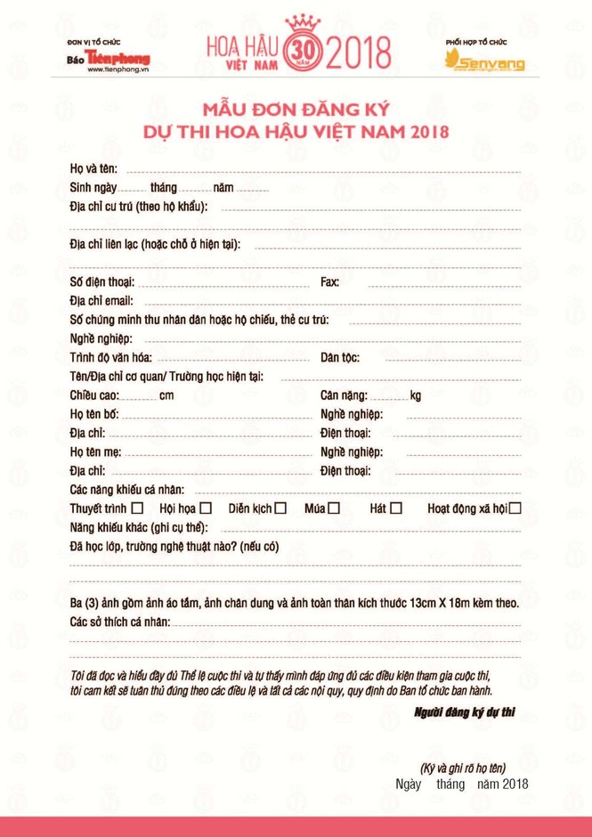 Mẫu đơn đăng ký dự thi Hoa hậu Việt Nam 2018 - ảnh 1