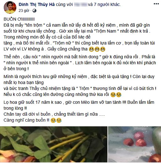 Diễn viên Thúy Hà bị trộm đột nhập nhà, lấy hết đồ hiệu và vật kỷ niệm - ảnh 1