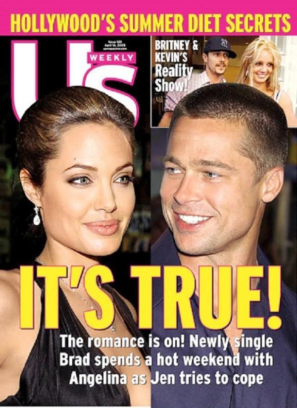 8. Brad Pitt và Angelina Jolie, US Weekly, Tháng 4 năm 2005 – 500.000 USD
Khi mới gặp nhau, Brad Pitt đã kết hôn với Jennifer Aniston, và Angelina Jolie được cho là không có cảm tình với những người đàn ông lừa dối vợ - điều mà cô đã thấy rõ ảnh hưởng của nó khi có một người cha ngoại tình. Tuy nhiên, cả hai đã không thể cưỡng được sức hấp dẫn lẫn nhau khi đóng phim chung, dù ban đầu họ nhất mực phủ nhận. Tạp chí US Weekly sau đó đã rất nhanh nhạy trong việc nắm bắt thông tin và đăng tải bức ảnh bộ đôi gắn với nhau trên trang bìa