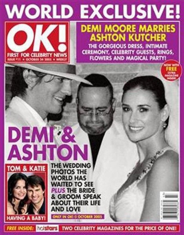 2. Demi Moore và Ashton Kutcher, OK! Magazine, Tháng 10 năm 2005 – 3 triệu USD
Demi Moore là nữ diễn viên cực kỳ nóng bỏng và xinh đẹp hồi thập niên 80, cô vẫn giữ được vẻ trẻ trung của mình nhiều năm sau đó. Đến năm 2003, Demi gặp Ashton Kutcher - người kém mình 15 tuổi và cả hai đã kết hôn vào tháng 9 năm 2005. Bức ảnh chụp bộ đôi này sau đó được OK! mua lại với giá 3 triệu USD