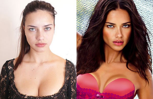 Adriana Lima đã làm nổi bật đôi mắt xanh xám hút hồn của mình bằng cách kẻ chân mày và viền mắt đậm. Tán phấn má màu vàng đồng và dùng kem tạo khối giúp gương mặt cân đối hơn