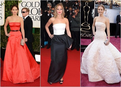 Nữ diễn viên 22 tuổi Jennifer Lawrence sang trọng trên thảm đỏ trong những chiếc đầm dài, đầm ôm thân. Thiết kế của Dior luôn là sự lựa chọn ưu tiên của Jennifer với những lần xuất hiện