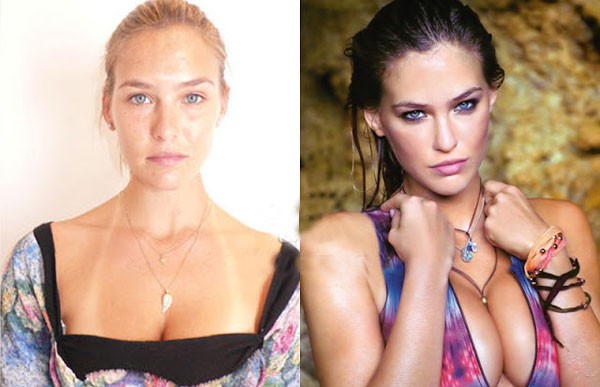 Bar Refaeli mặt nhiều mụn, mắt thâm quầng mệt mỏi và trũng sâu, nhưng điều đó không hề thấy ở những bức ảnh đã được photoshop kỹ càng, cộng với công nghệ trang điểm mắt khói